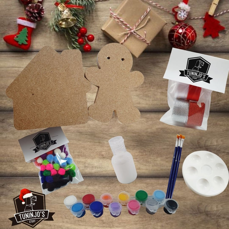Kit navideño con casita y galleta de jengibre en madera para pintar y decorar, incluye pinturas y accesorios