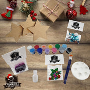 Kit navideño con tres estrellas de madera para pintar, incluye pinturas, pinceles y accesorios decorativos