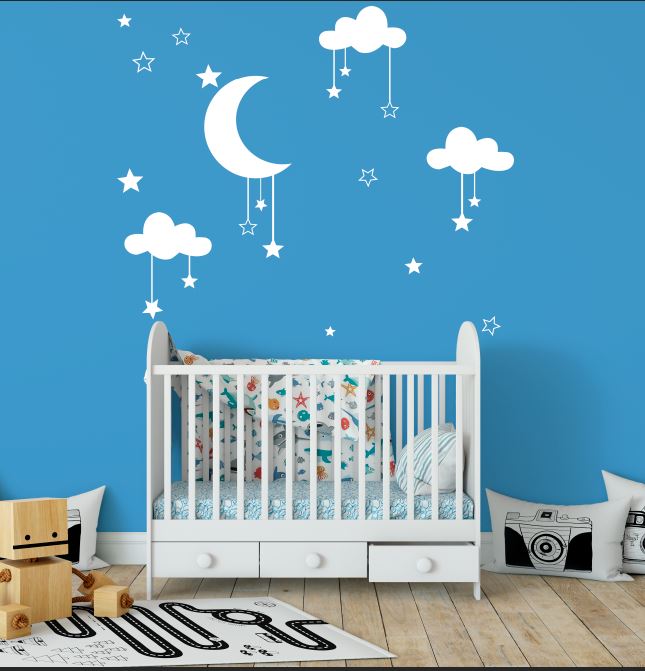 Mural luna y estrellas Vinil autoadherible Decoración de pared Habitación de bebé Vinil decorativo Luna, nubes, estrellas Vinil infantil Decoración infantil Vinil para cuartos de niños Vinil removible Vinil fácil de instalar