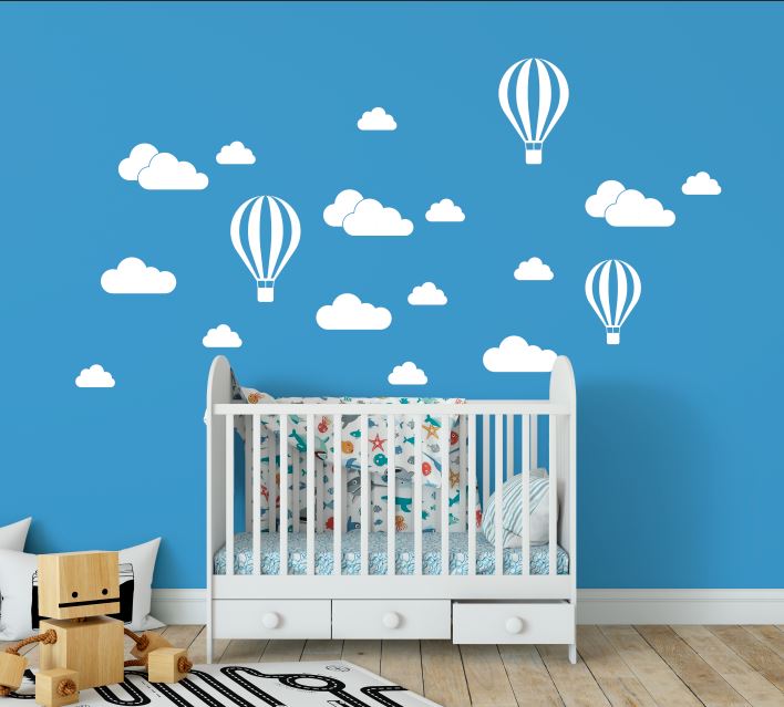 Mural de globos de vinilos Vinil autoadherible Decoración de pared Habitación de bebé Vinil decorativo Globos y nubes Vinil infantil Decoración infantil Vinil para cuartos de niños Vinil removible Vinil fácil de instalar